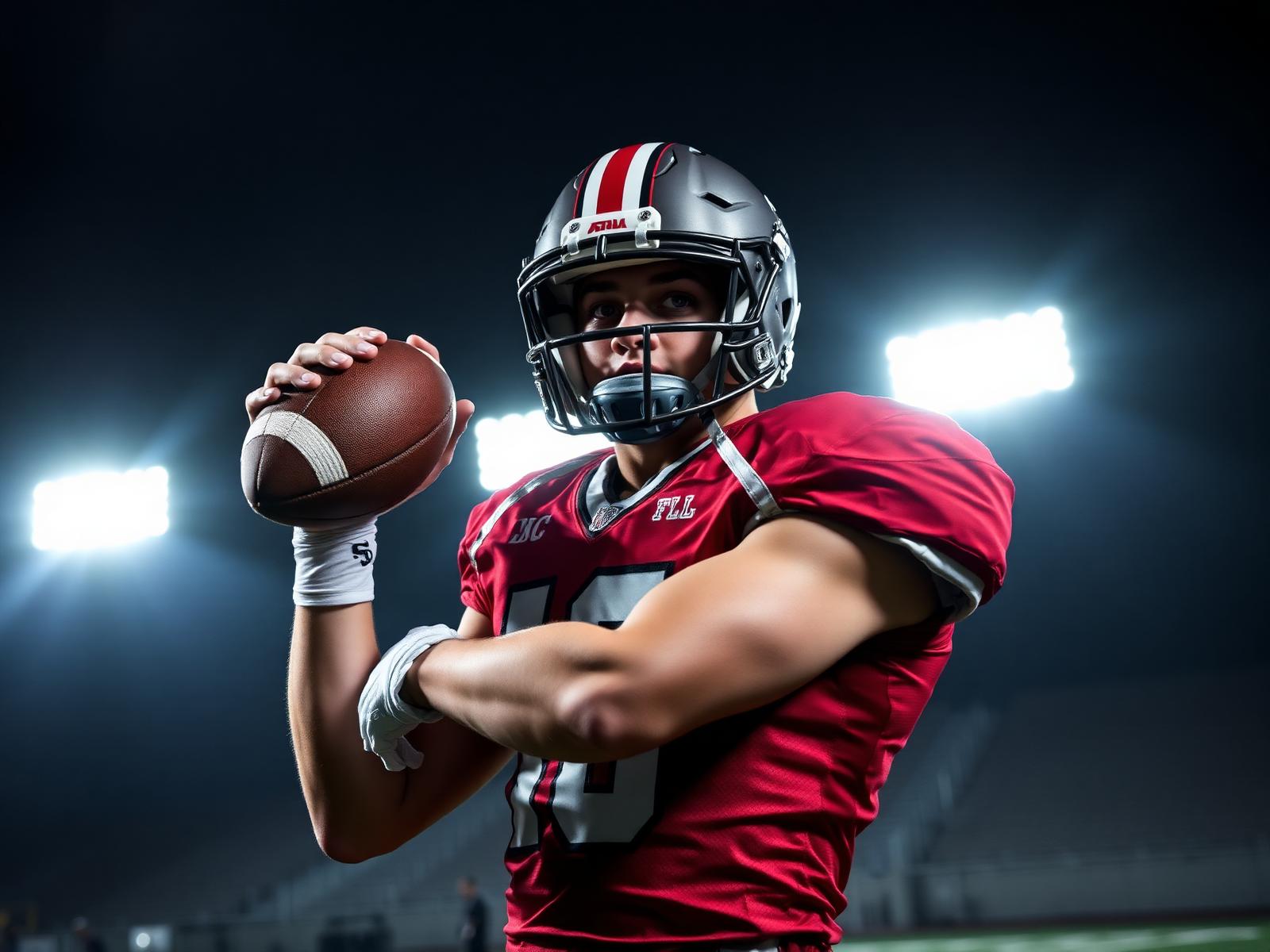 High school football player under stadium lights